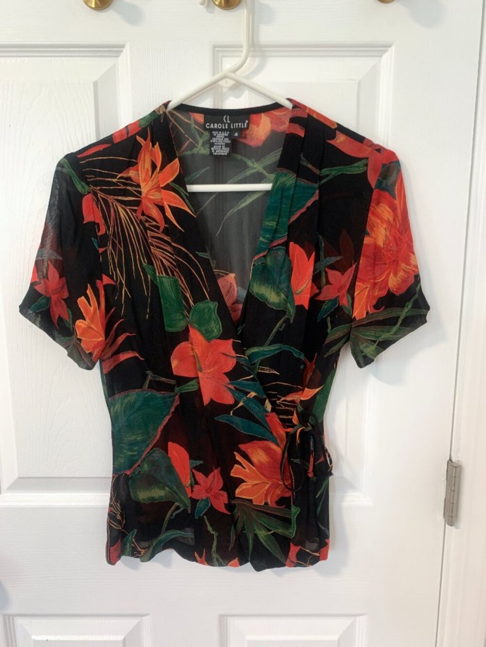 Carole Little Vintage 90s Tropical Hibiscus Floral Wrap Top Size 4